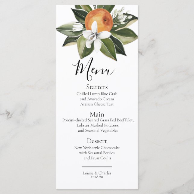 Orange blossom elegant greenery watercolor menu (Front)