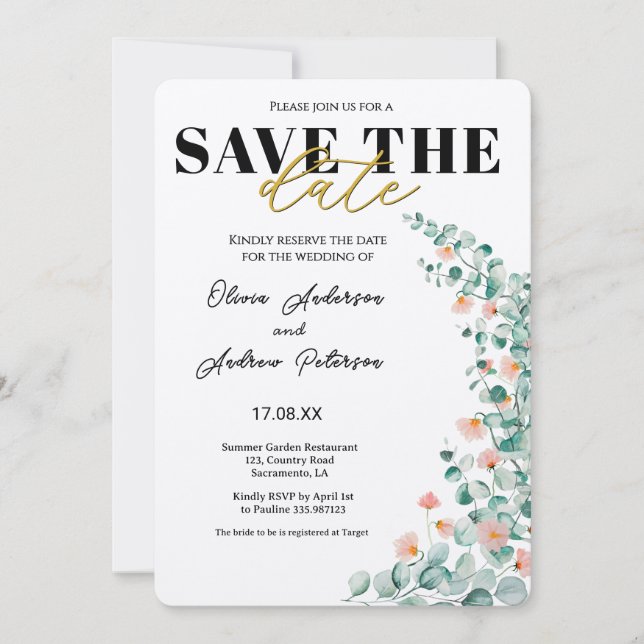 Orange Blossom Floral save the date Invitation (Front)