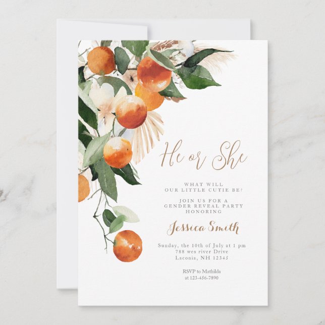 Orange blossom He or She Greenery Gender Reveal Invitation (Front)