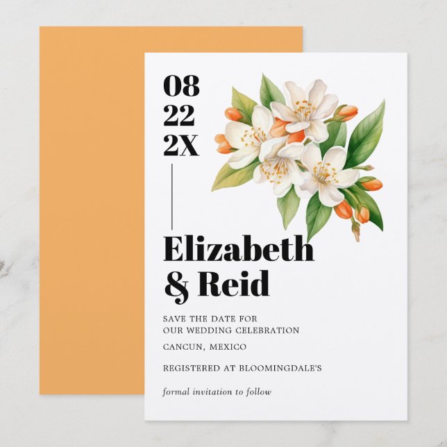Orange Blossom & Jasmine Blooms Save the Date Invitation (Front/Back)
