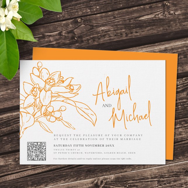 Orange blossom pencil sketch orange wedding invitation (Creator Uploaded)