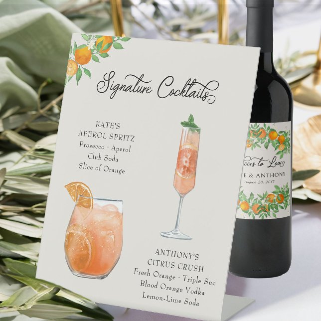 Orange Blossom Signature Cocktails Wedding Bar Pedestal Sign (Signatures Cocktails bar sign from the Orange Blossom Wedding Collection by Darling & May)