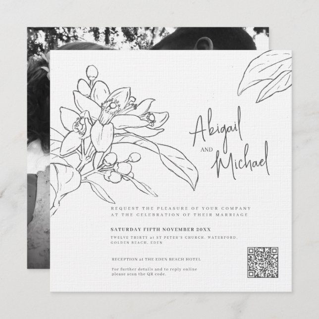 Orange blossom sketch mono photo square wedding invitation (Front/Back)