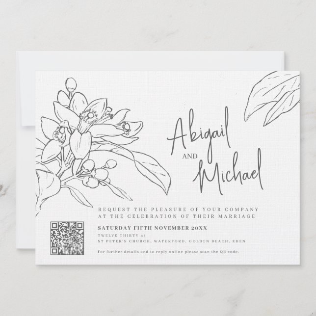 Orange blossom sketch mono photo wedding landscape invitation (Front)