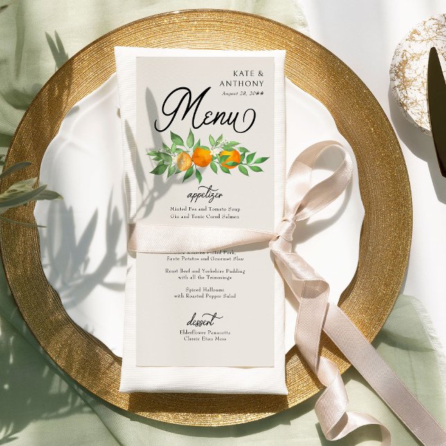 Orange Blossom Three Course Citrus Wedding Menu (Menu from the Orange Blossom Wedding Collection by Darling & May)