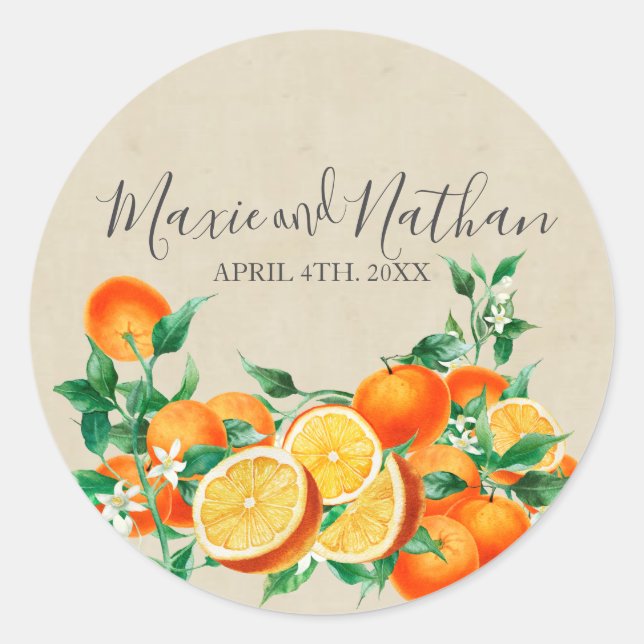 Orange Blossom Wedding  Classic Round Sticker (Front)