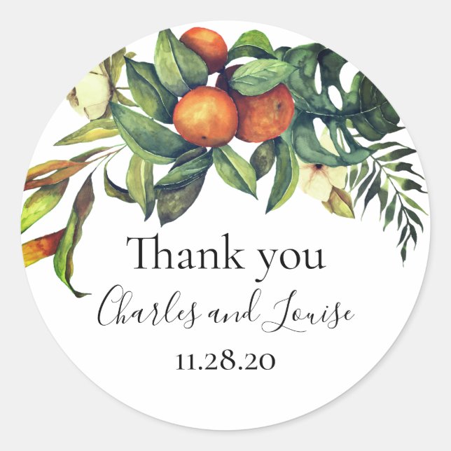 Orange Blossom Wedding Thank You Favour Classic Ro Classic Round Sticker (Front)