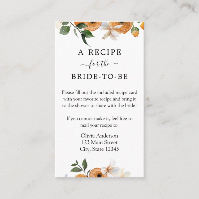 Orange Blossoms Bridal Recipe Request Enclosure Card (Front)