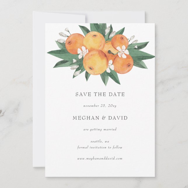 Orange Blossoms Citrus Botanical Save the Date  Announcement (Front)