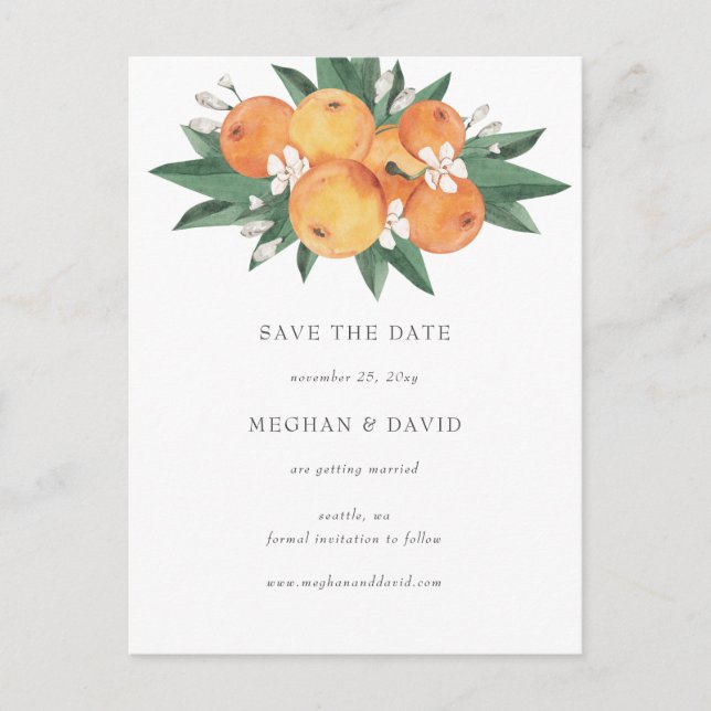 Orange Blossoms Citrus Botanical Save the Date Announcement Postcard (Front)