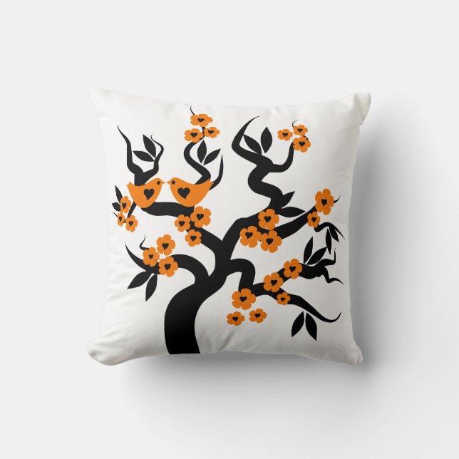 Orange blossoms Love birds sakura cherry tree Cushion (Front)