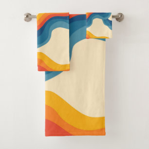 Orange Blue Abstract Retro Wavy Stripe Bold  Bath Towel Set