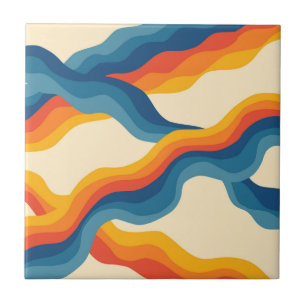 Orange Blue Abstract Retro Wavy Stripe Bold  Ceramic Tile