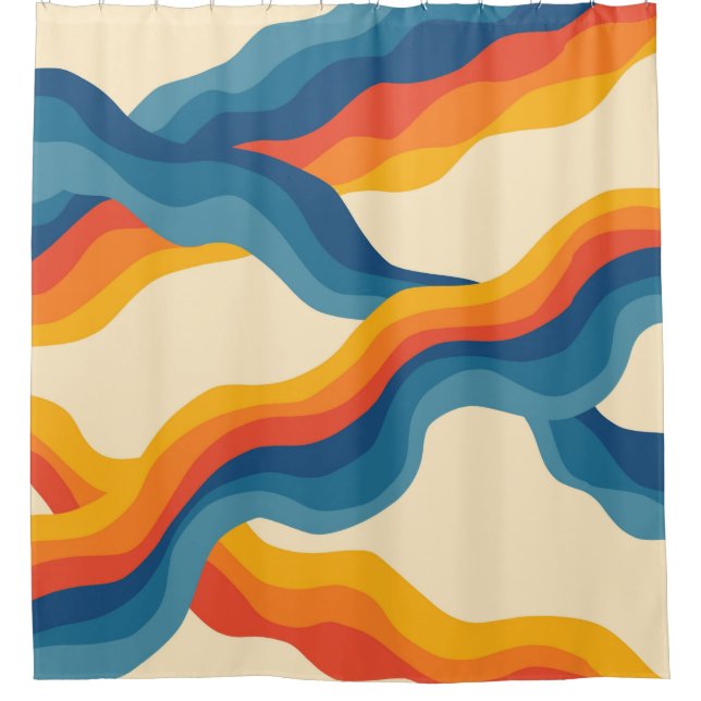 Orange Blue Abstract Retro Wavy Stripe Bold Modern Shower Curtain (Front)