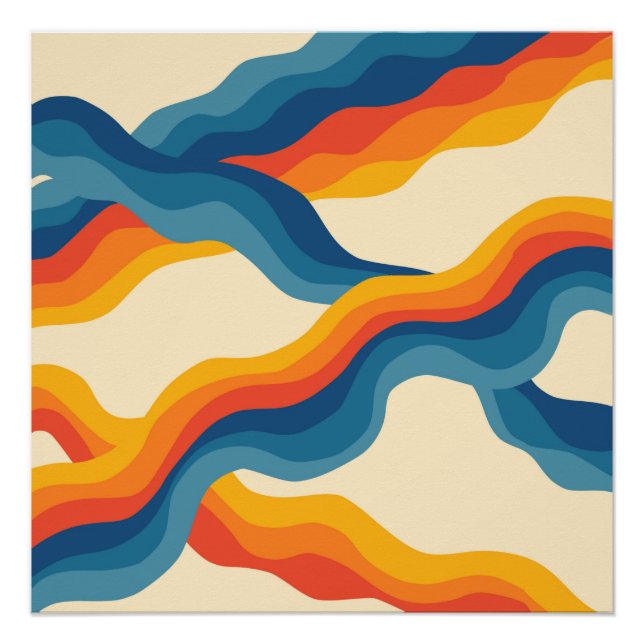 Orange Blue Abstract Retro Wavy Stripe Modern  Poster (Front)