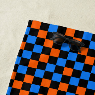 Orange Blue And Black Chequered Pattern Beach Towel