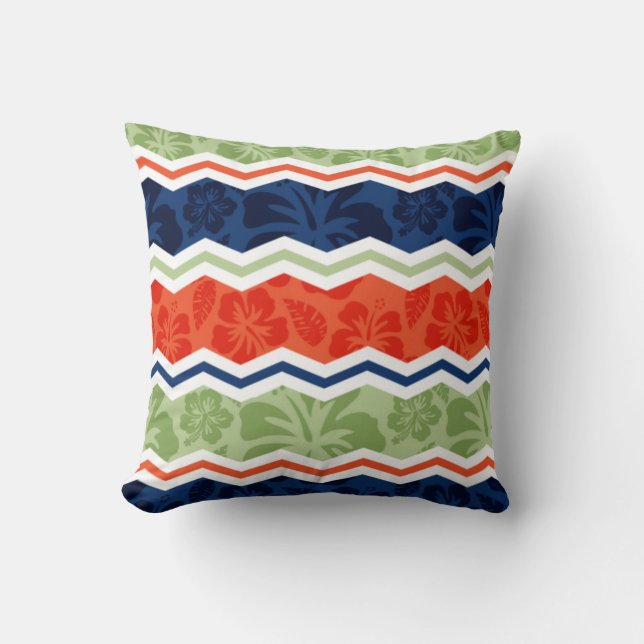 Orange, Blue, and Sage Green Tropical Pattern Cushion (Front)