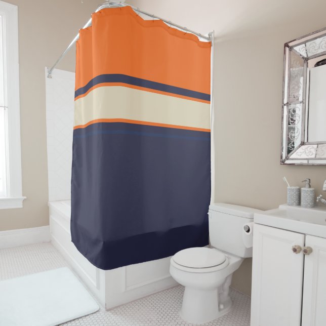 Orange Blue and Taupe Stripes Shower Curtain (In Situ)
