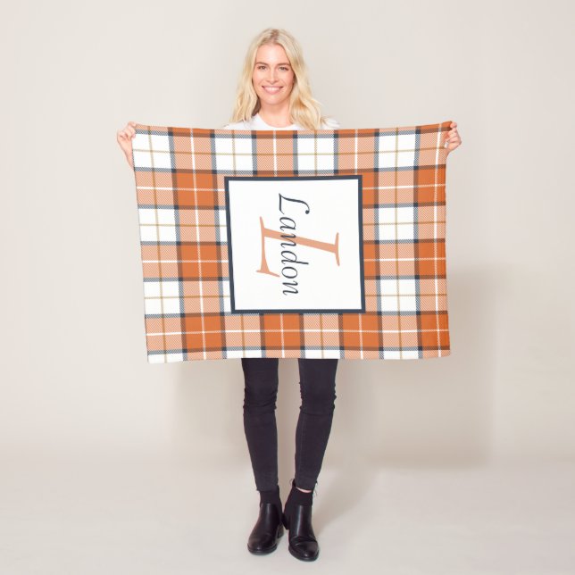 Orange, Blue and White Tartan Plaid Fleece Blanket (In Situ)
