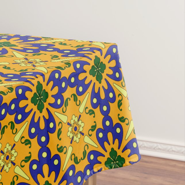 Orange Blue And Yellow Spanish Tile Pattern Tablecloth (In Situ)