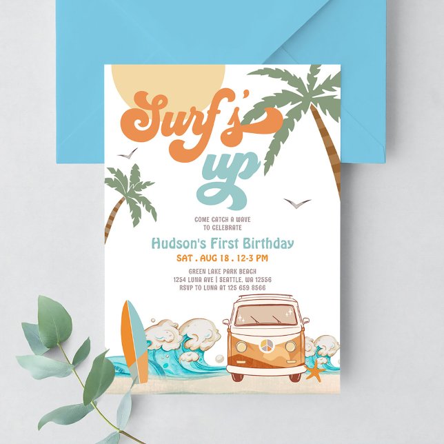 Orange Blue ANY AGE Boy Surf Up Surf 1st Birthday Invitation (Creator Uploaded)