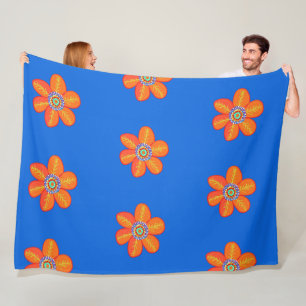 Orange Blue Artsy Flowers  Fleece Blanket