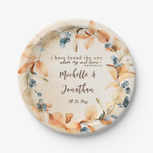 Orange & Blue Autumn Floral Inspirational Wedding  Paper Plate (Front)