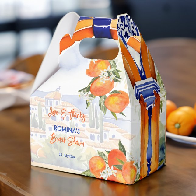 Orange blue azulejo talavera tiles bridal shower favour box (Orange blue azulejo talavera tiles oranges Spanish bridal shower favor box printed personalized)