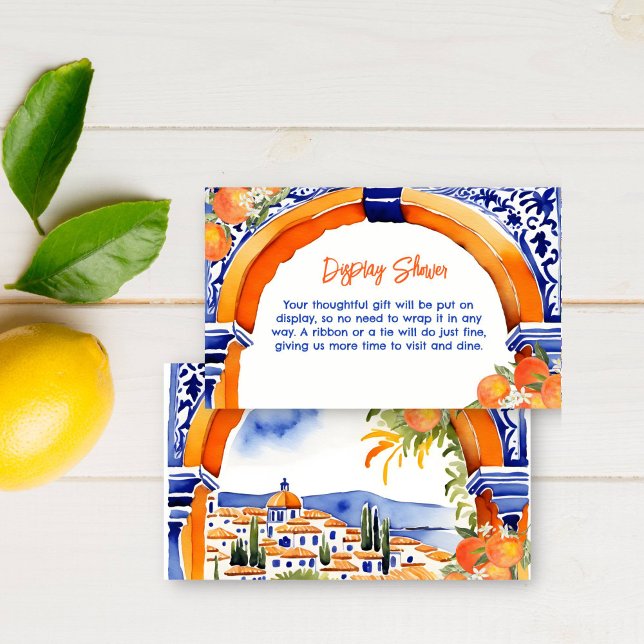 Orange blue azulejo talavera tiles display shower enclosure card (Orange blue azulejo talavera tiles display bridal shower enclosure card Spanish Mexican citrus theme)