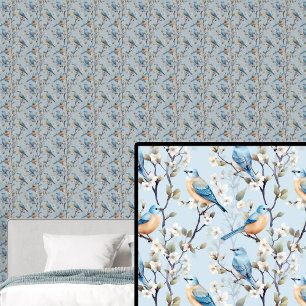 Orange & Blue Birds with Blossoms on Pale Blue     Wallpaper