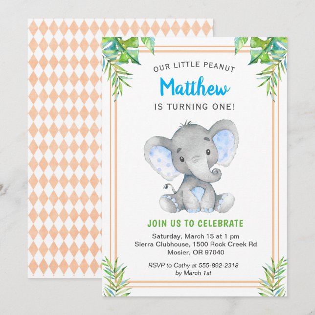 Orange Blue Boy Elephant Birthday Little Gentleman Invitation (Front/Back)