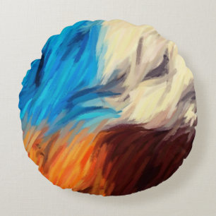 Orange Blue Brown Abstract Painting Round Cushion