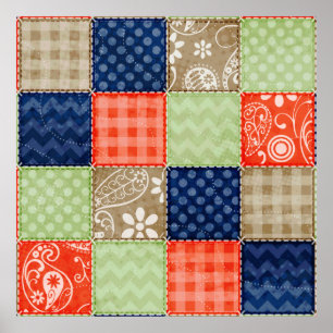 Orange, Blue, Brown and Sage Green Patchwork look Poster