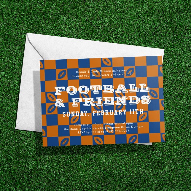 Orange Blue Chequerboard Football Game Watch Party Invitation (Creator Uploaded)