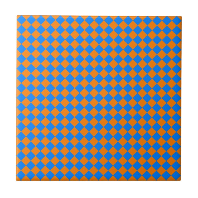 Orange Blue Chequered Diamond Pattern Ceramic Tile (Front)