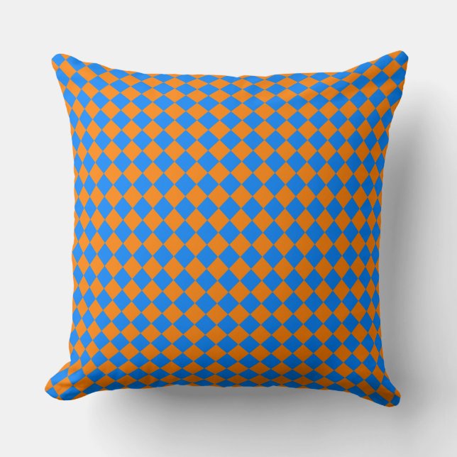 Orange Blue Chequered Diamond Pattern Cushion (Front)