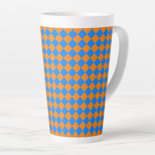 Orange Blue Chequered Diamond Pattern Latte Mug (Right Angle)