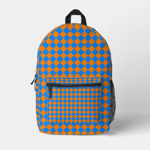 Orange Blue Chequered Diamond Pattern Printed Backpack