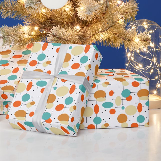 Orange Blue Circles and Lines Mid-century Pattern Wrapping Paper (Holidays)