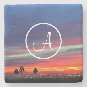 Orange blue clouds sunset photo custom monogram stone coaster
