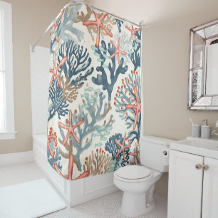 Orange Blue Cream Coral Starfish Shower Curtain