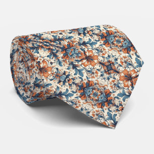 Orange, Blue & Cream Floral Pattern  Tie