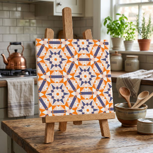Orange Blue Cream Geometric Hexagons Pattern Ceramic Tile