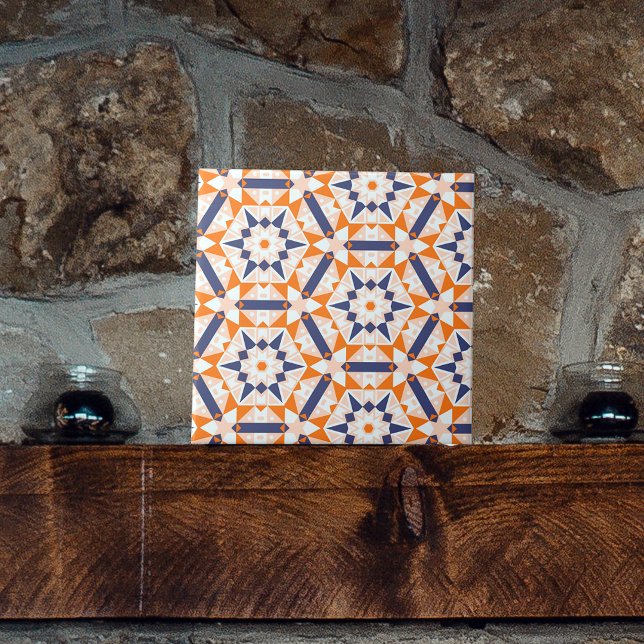 Orange Blue Cream Geometric Hexagons Pattern Ceramic Tile (Creator Uploaded)