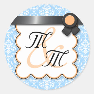 Orange & Blue Damask Double Monogram Stickers
