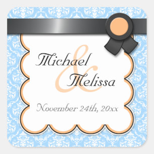 Orange & Blue Damask Wedding Favour Stickers