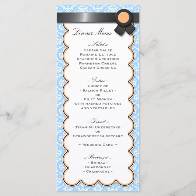 Orange & Blue Damask Wedding Reception Menu (Front)