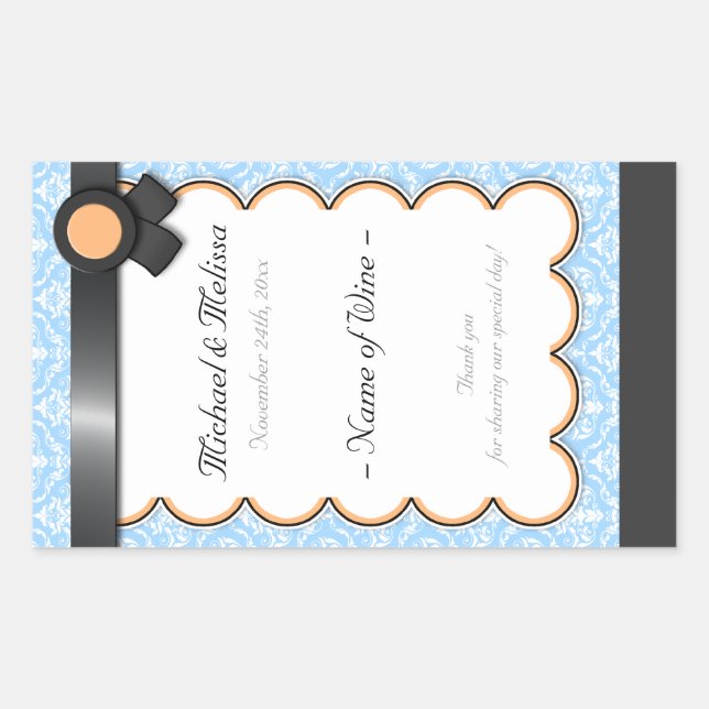 Orange & Blue Damask Wedding Wine Bottle Labels (Front)