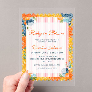 Orange Blue Floral Baby in Bloom Baby Shower Acrylic Invitations