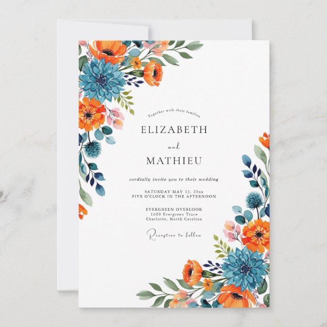 Orange Blue Floral Flourish Wedding Invitation (Front)